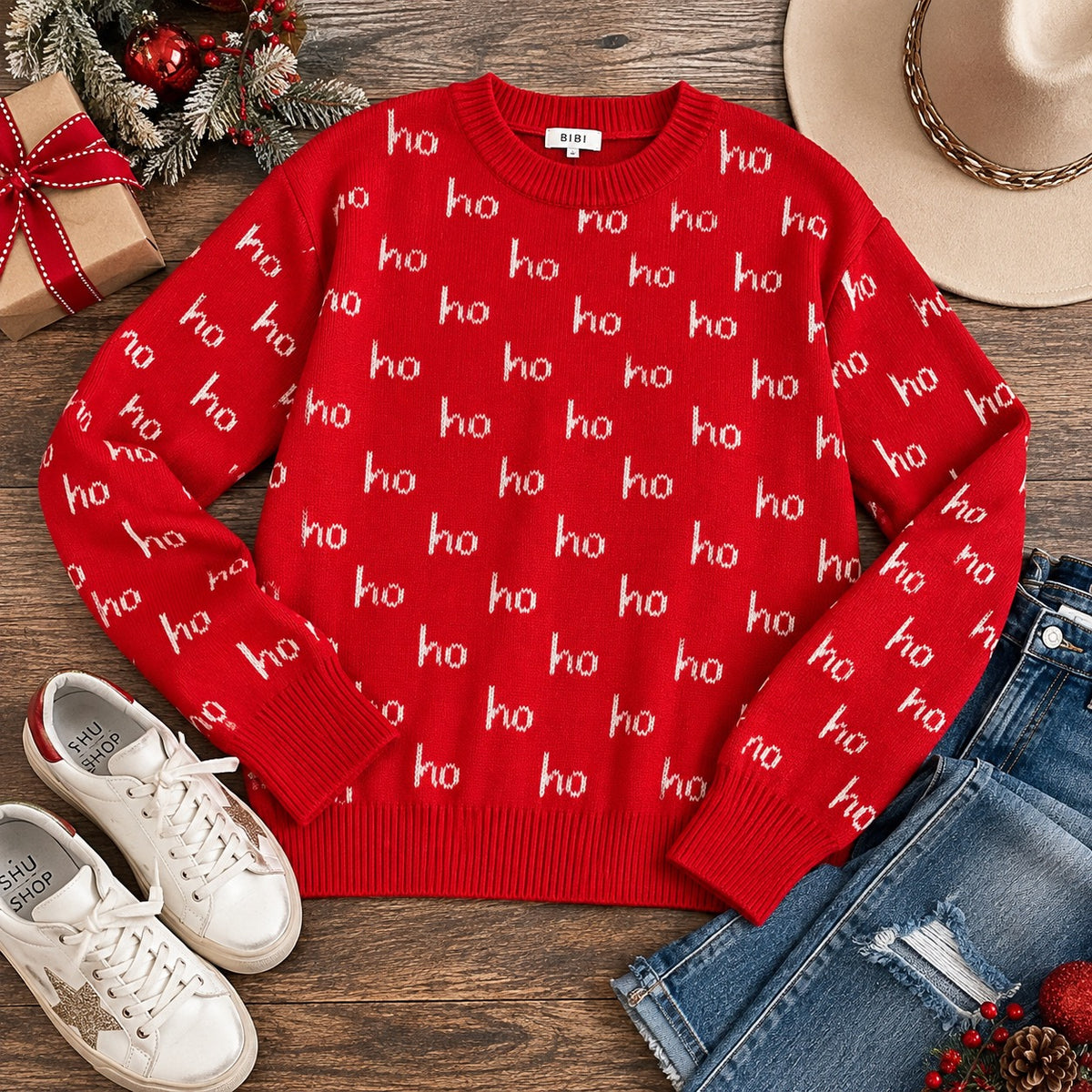 Women’s Relaxed Fit Long Sleeve Knit Ho Ho Ho Sweater | Queen Bee Boutique