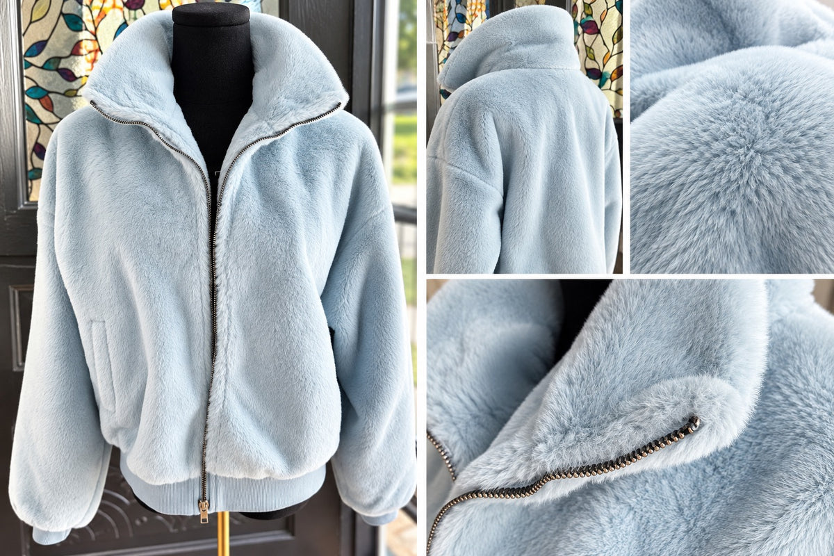 Periwinkle Blue Cropped Fuzzy Zip Down Jacket | Queen Bee Boutique