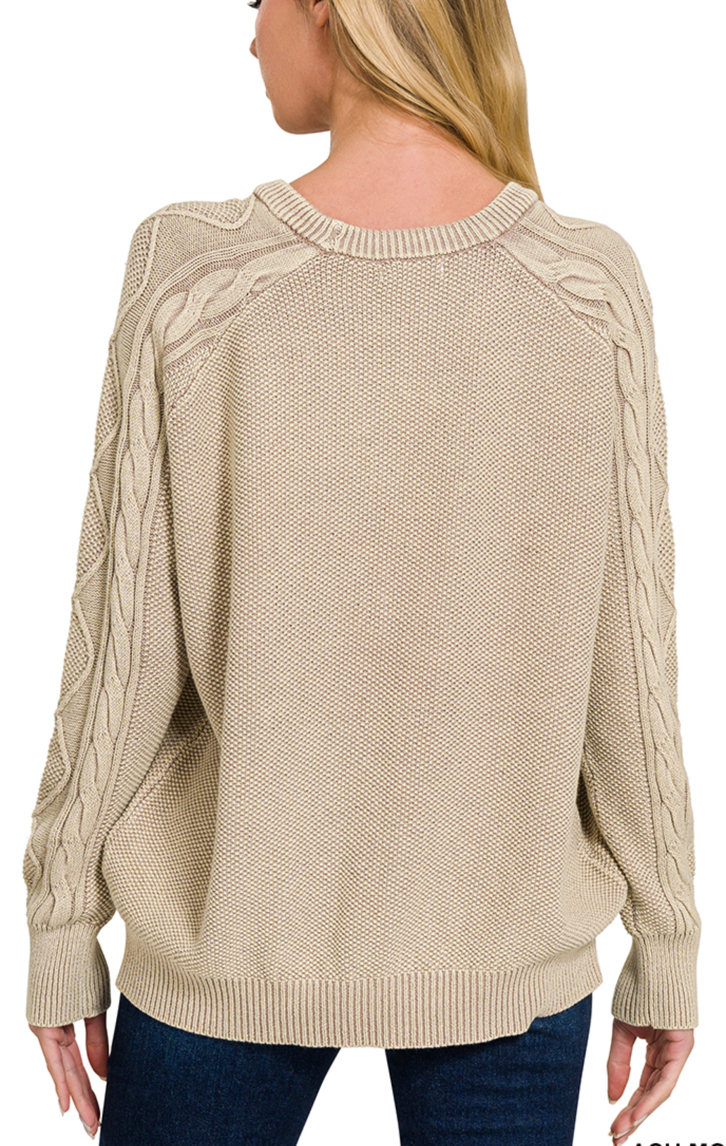STONE WASHED CABLE-SLEEVE CREWNECK SWEATER