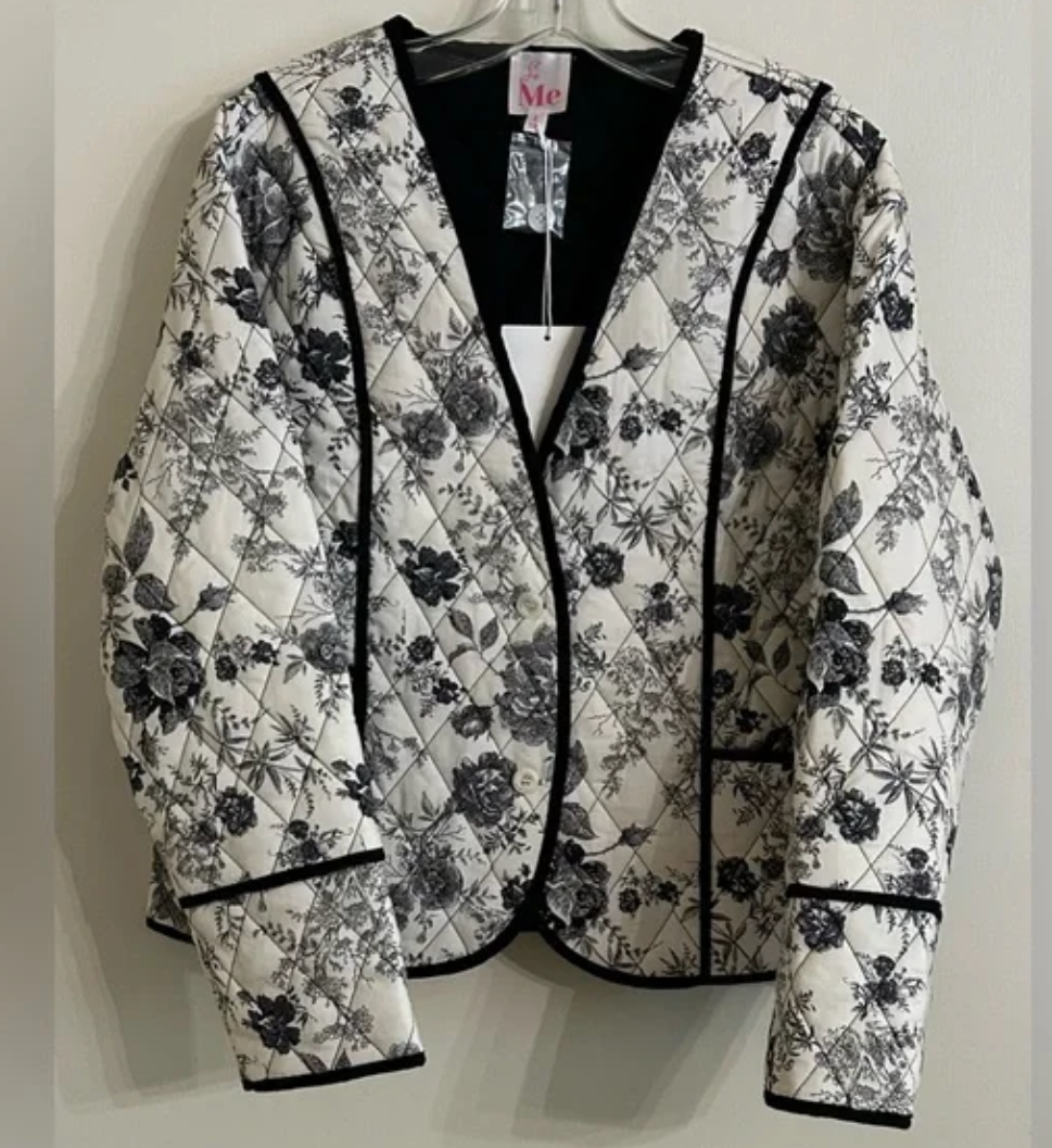 Black White Quilted Button Jacket