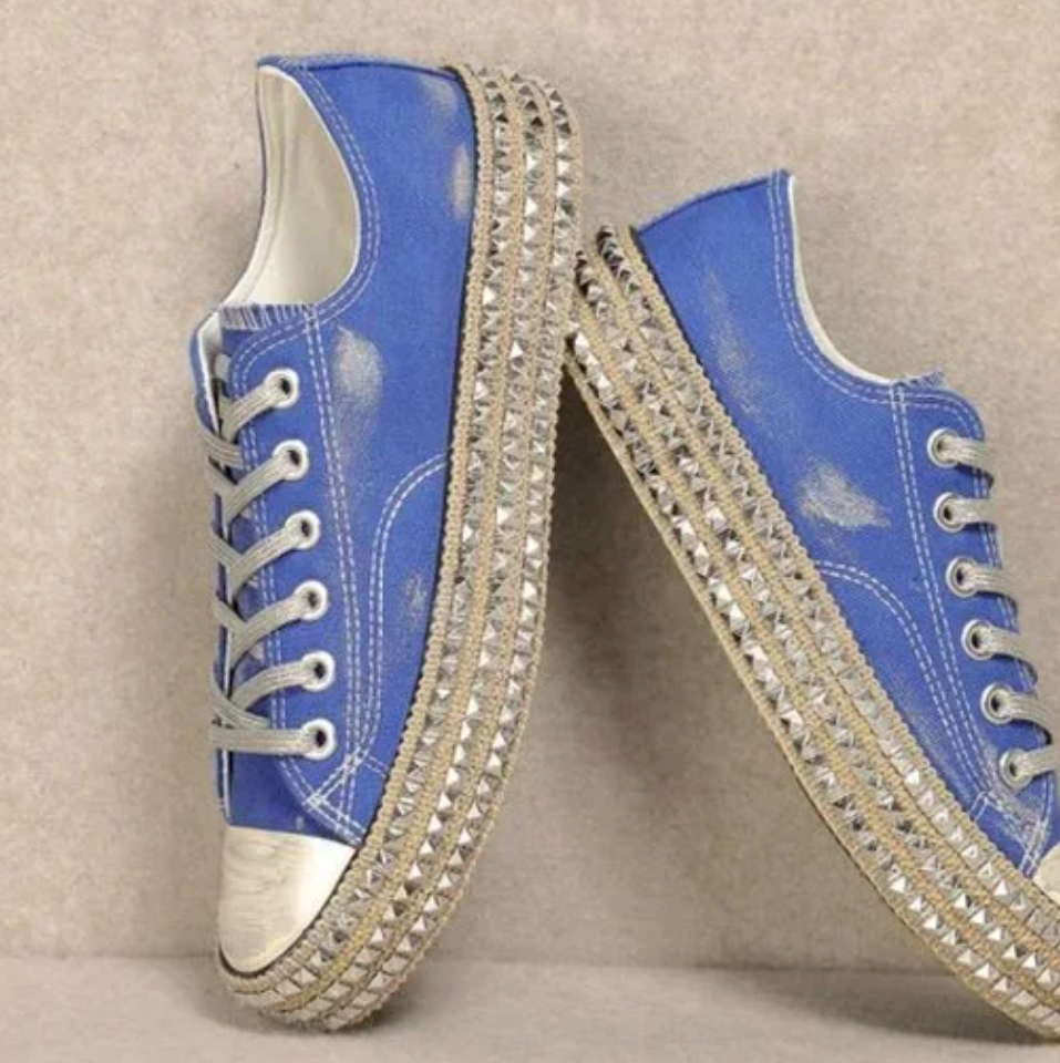 Miracle Mile Blue Distressed Canvas Sneaker - MiiM Low Top Statement Trainer for Women