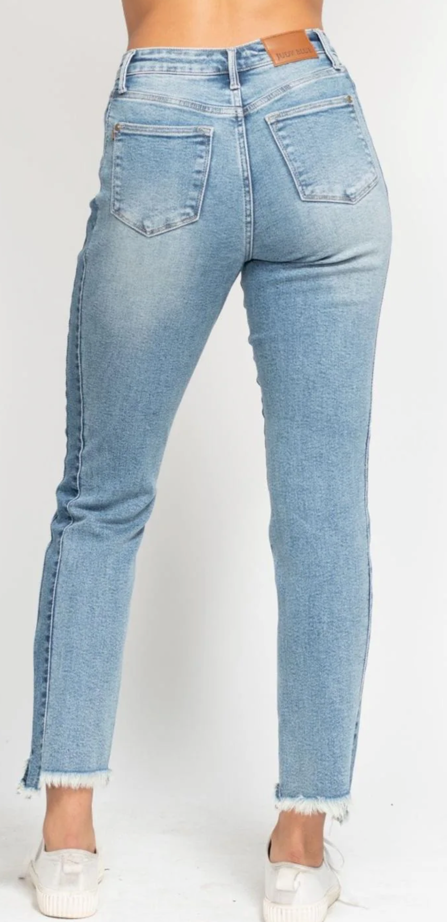 Judy Blue High Waist Vintage Wash Side Panel Detail & Hi Lo Fray Hem Slim Denim Jeans