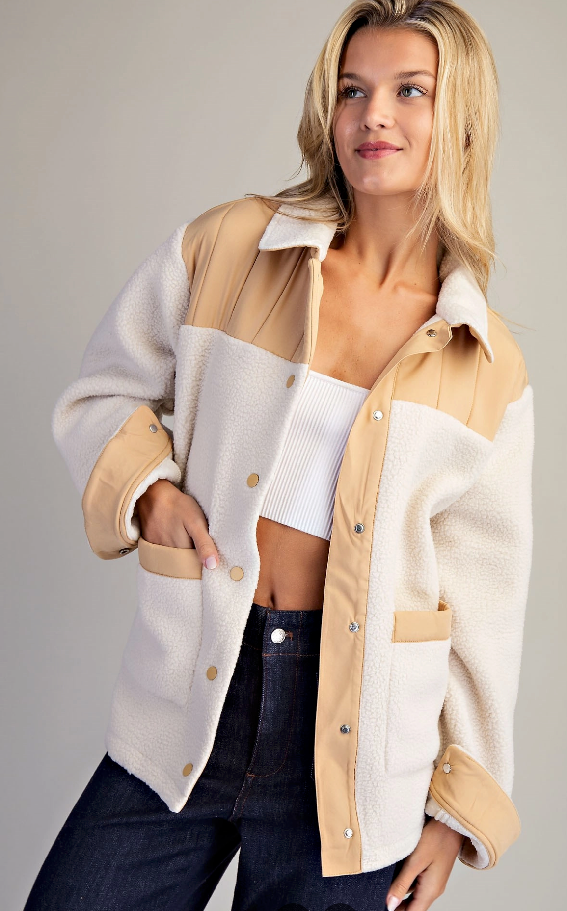 Cream Colorblock Fleece Jacket | Queen Bee Boutique