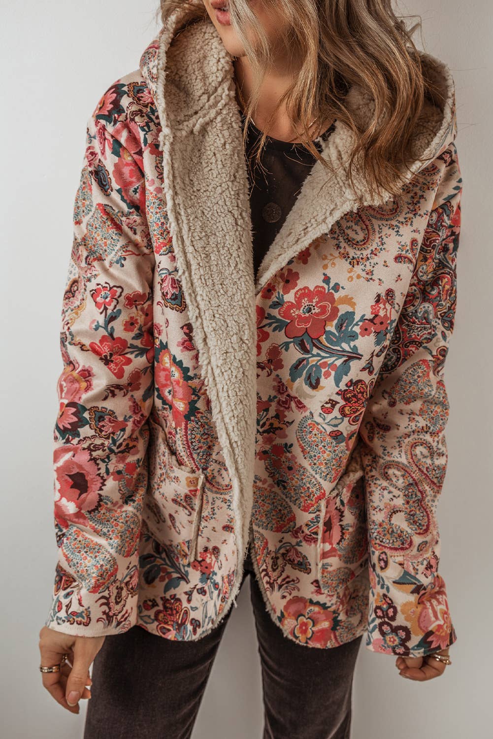 Paisley Floral Print Sherpa Lined Hooded Jacket | Queen Bee Customs Boutique