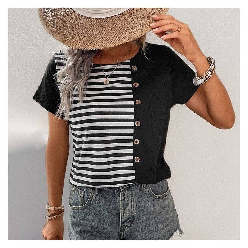 Striped Short Sleeve T-Shirt With Button Accents