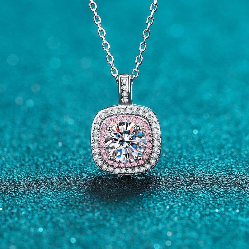 Pink Moissanite Halo Charm Necklace in 925 Sterling Silver