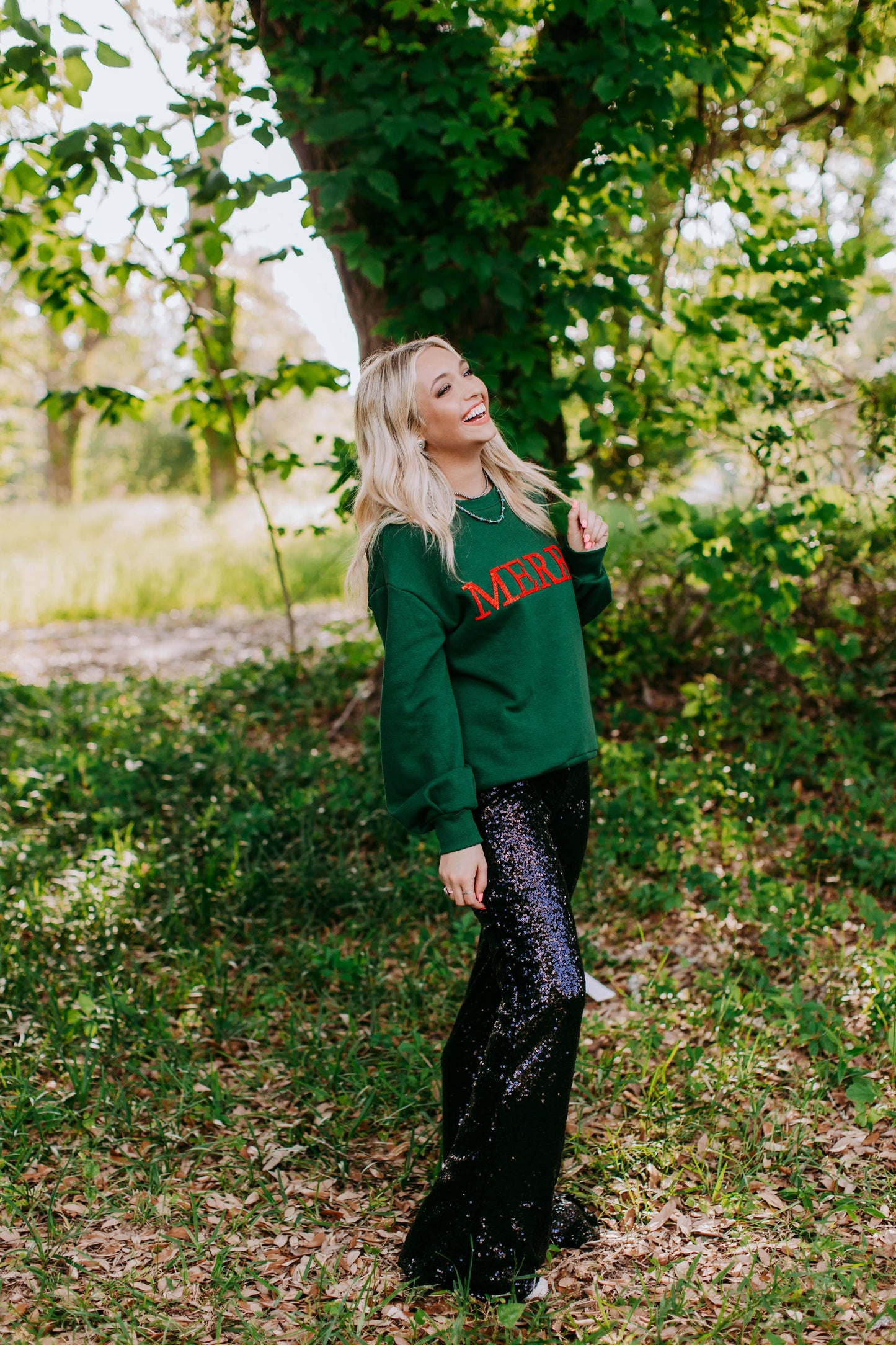 Merry Christmas Red Sequins Green Sweatshirt