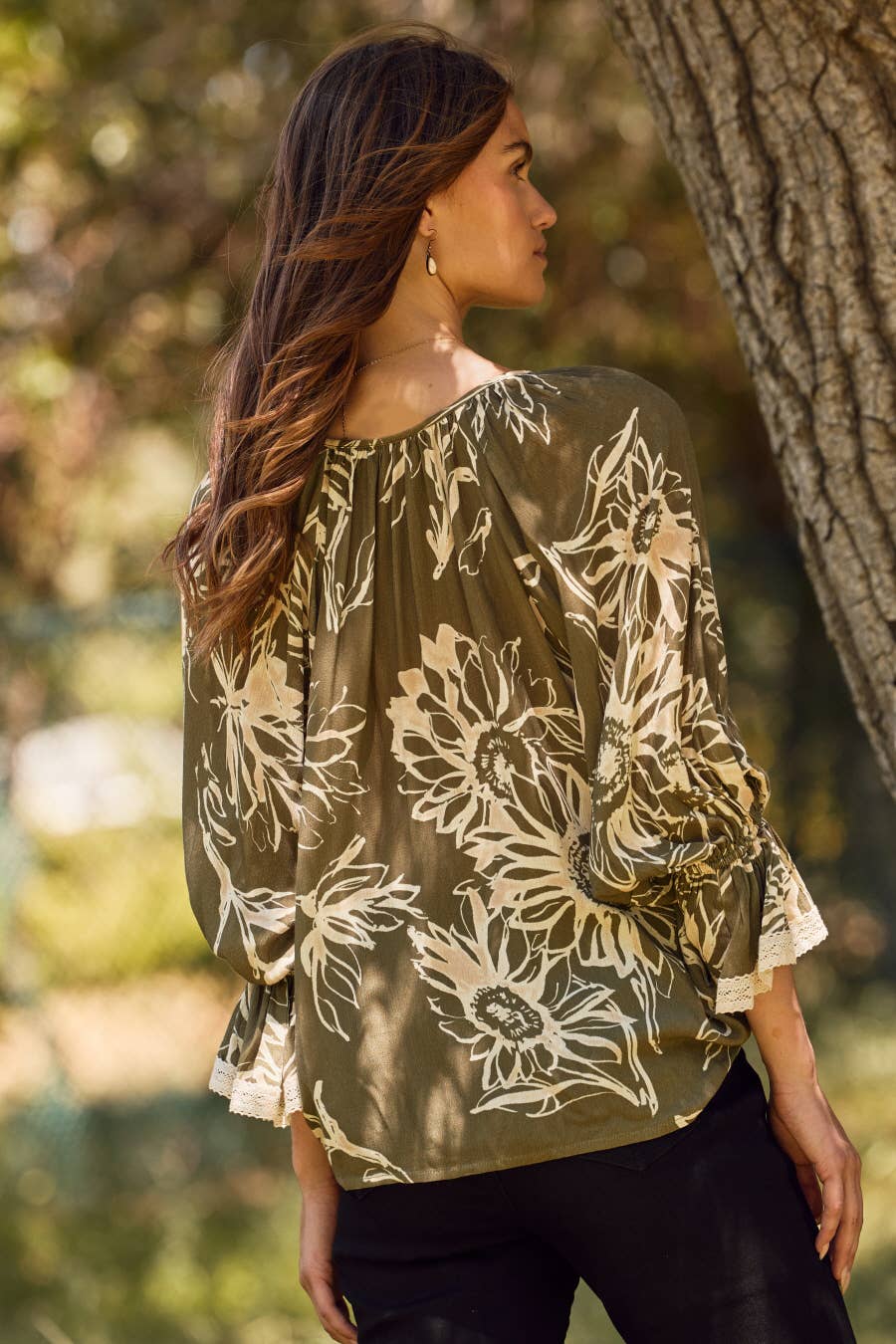 Boho Olive Fall Floral Printed Blouse