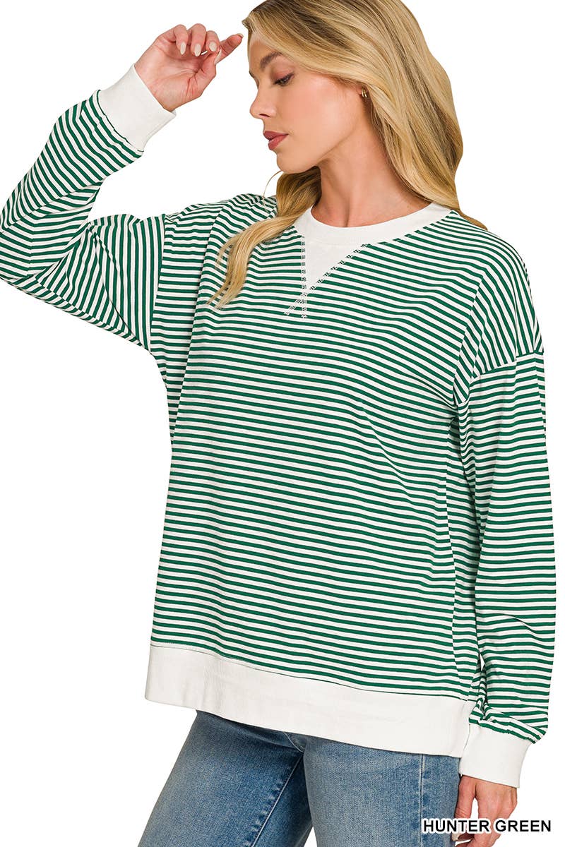Green White Striped Rib Banded Long Sleeve Top