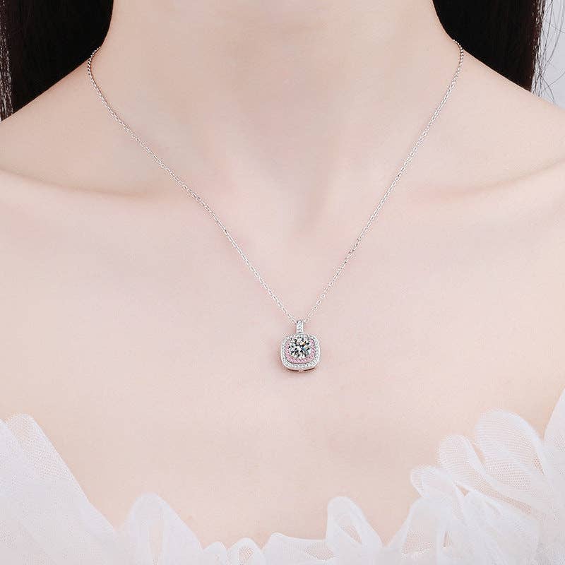 Pink Moissanite Halo Charm Necklace in 925 Sterling Silver
