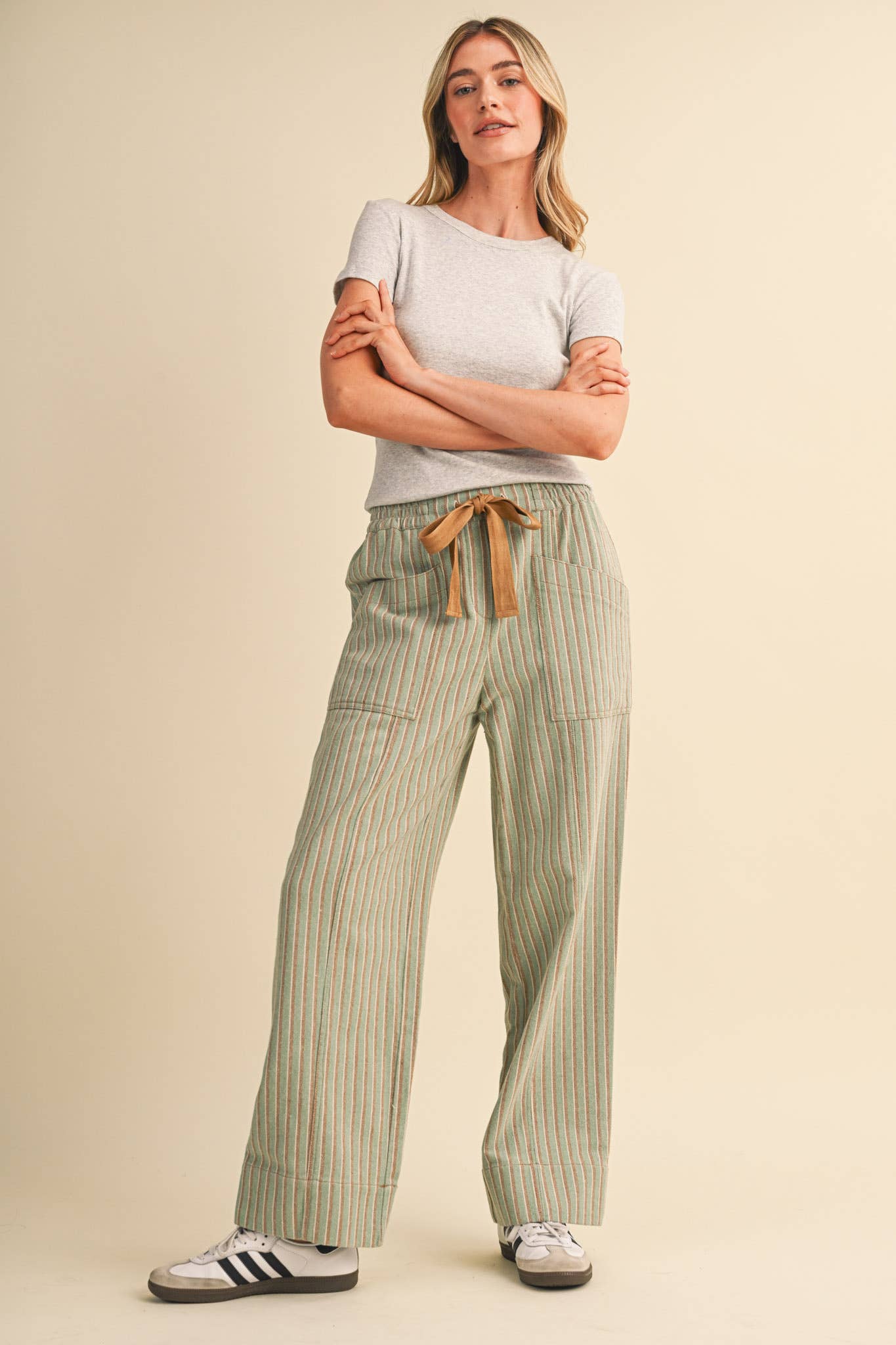 SAGE STRIPED WIDE LEG DRAWSTRING PANTS | Queen Bee Boutique