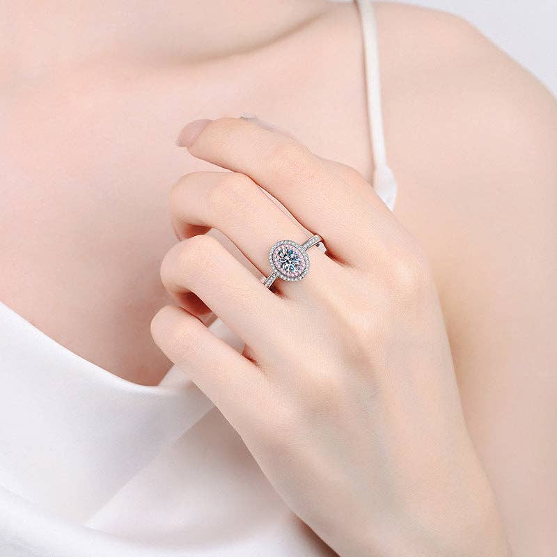 Oval Moissanite & Pink Halo Engagement Ring in 925 Sterling Silver