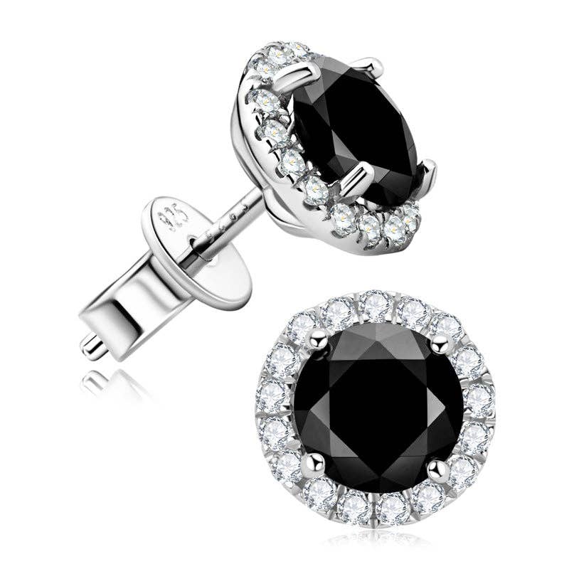 Black Moissanite Halo Stud Earrings Sterling Silver
