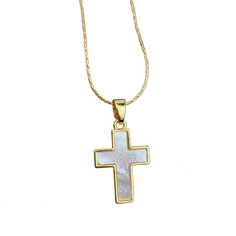 Gold Mother Of Pearl Cross Pendant Necklace