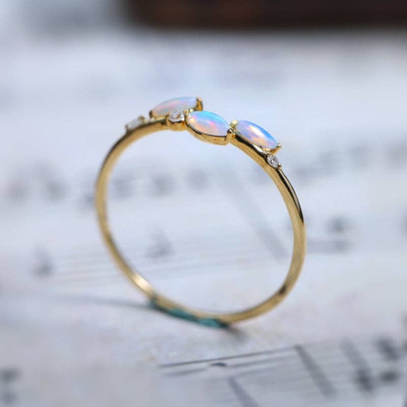 Marquise Opal Leaf Cluster Band Ring Sterling Gold Plated