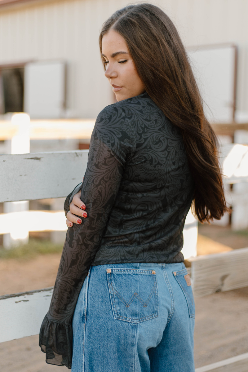 Tooled In Black Mesh Top Bell Sleeves | Queen Bee Boutique