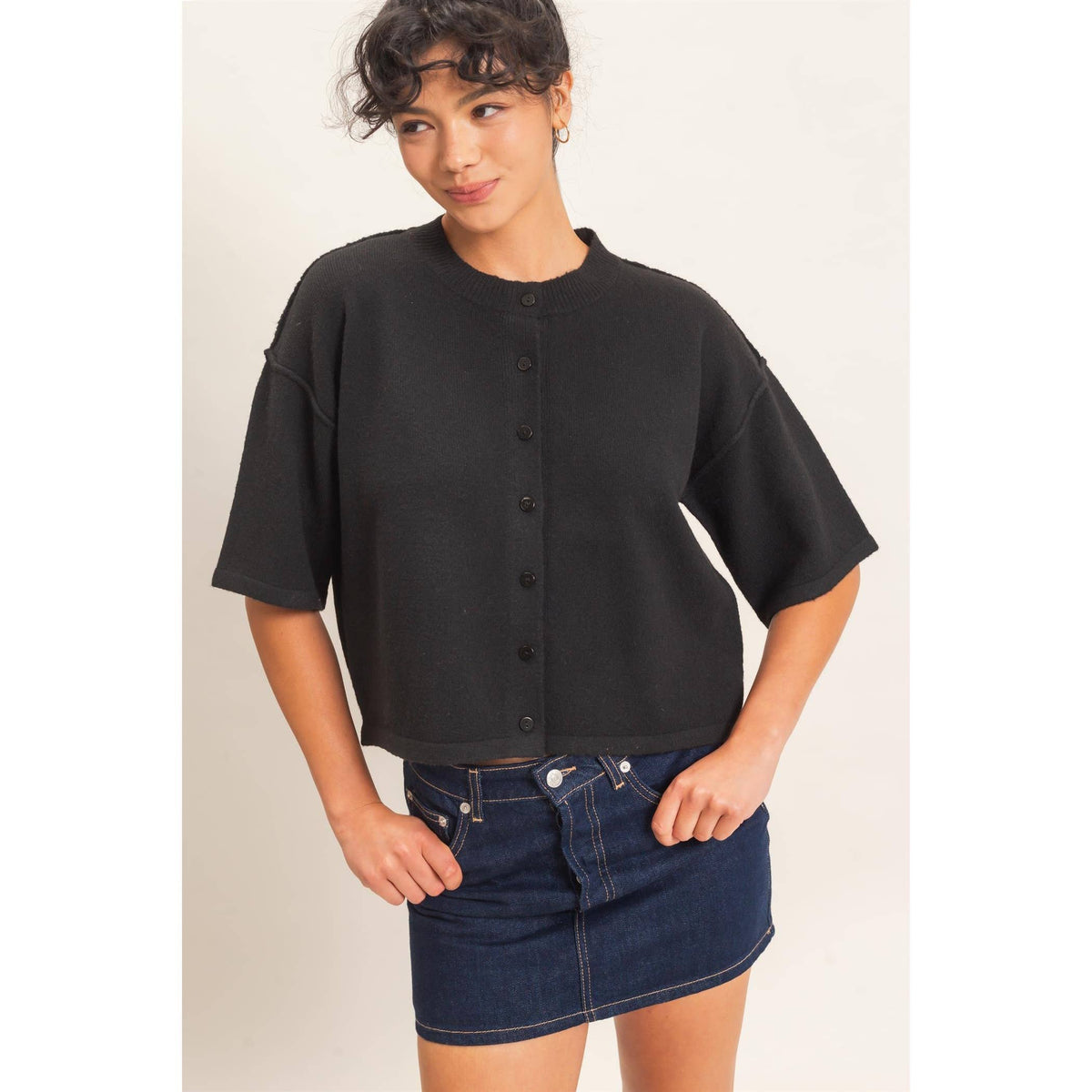 Drop Shoulder Short Sleeve Button Cardigan