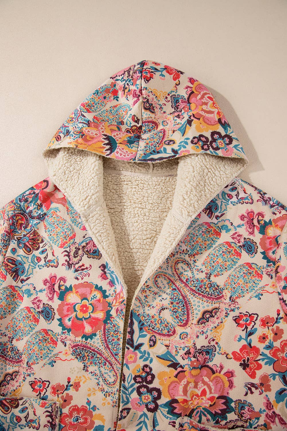 Paisley Floral Print Sherpa Lined Hooded Jacket | Queen Bee Customs Boutique