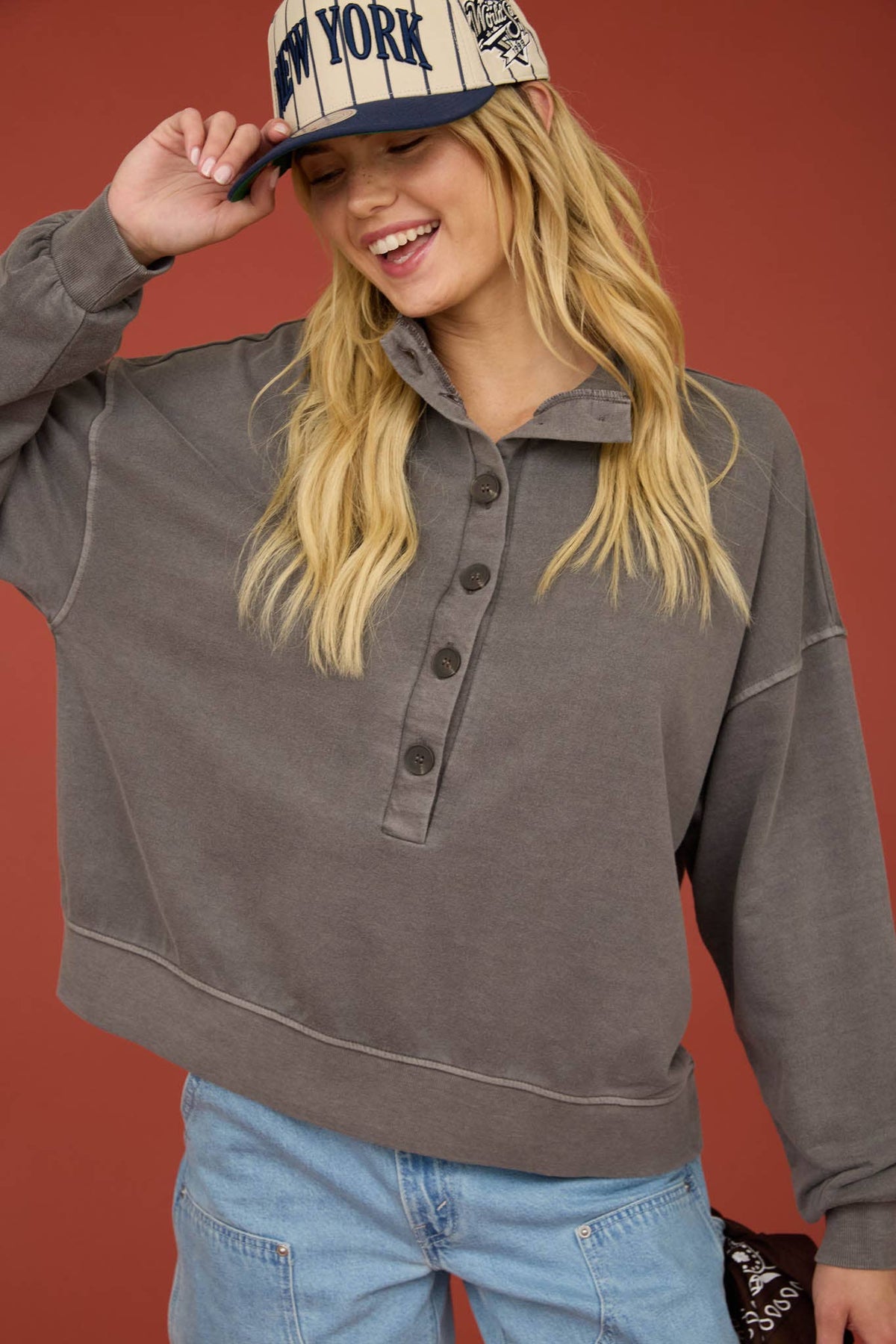 MOCK NECK HENLEY LONG SLEEVE KNIT TOP | Queen Bee Boutique