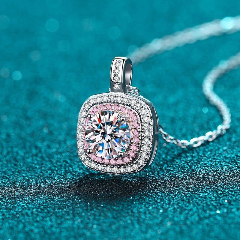 Pink Moissanite Halo Charm Necklace in 925 Sterling Silver