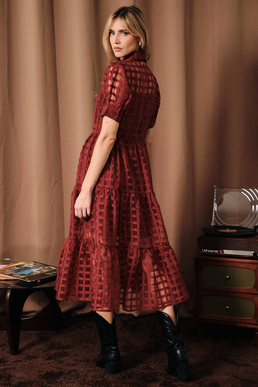 Puff Half Sleeve Sheer Checkered Tiered Shirt Midi Dress
