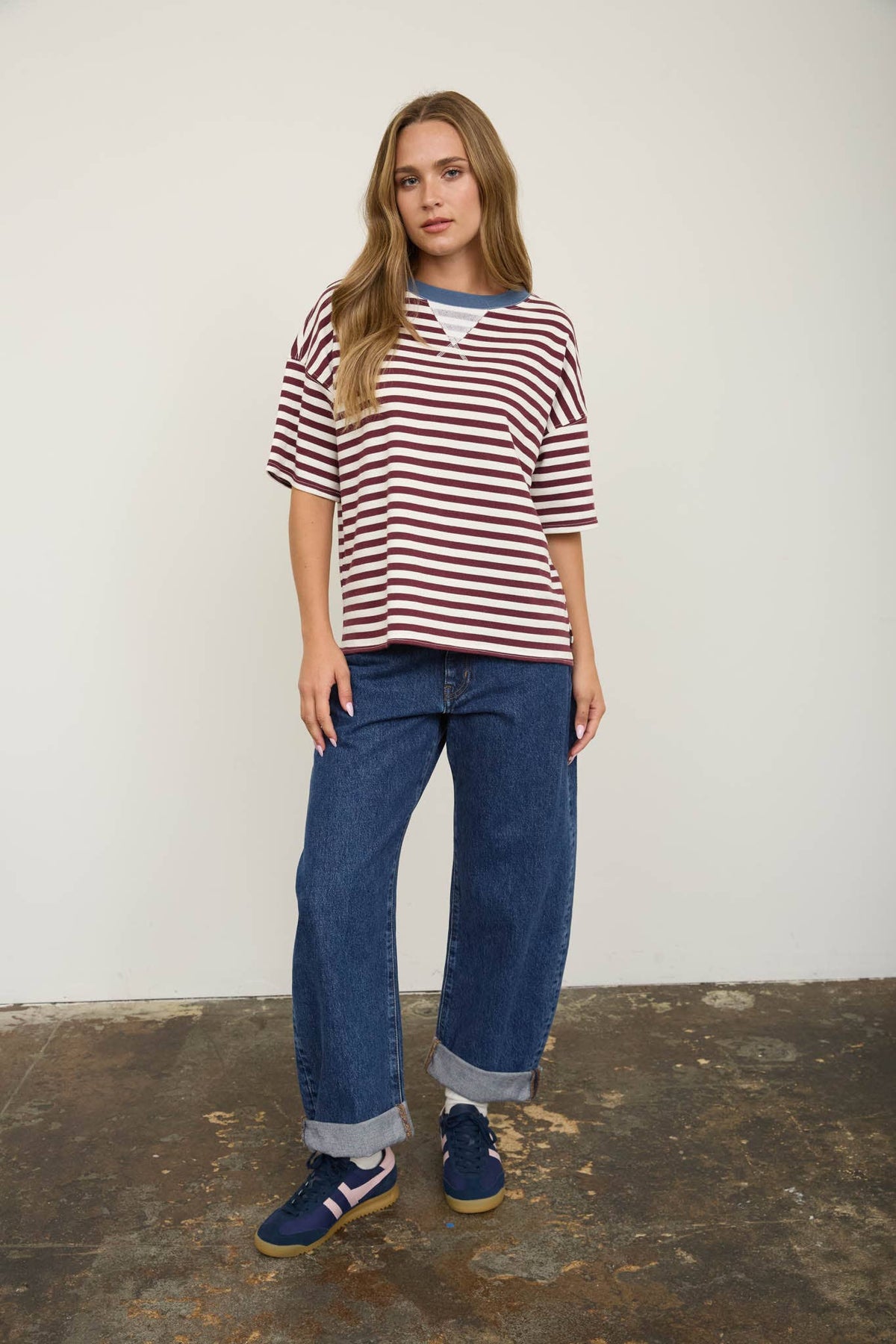 BROWN STRIPE COLOR BLOCK SHORT SLEEVE TOP | Queen Bee Boutique