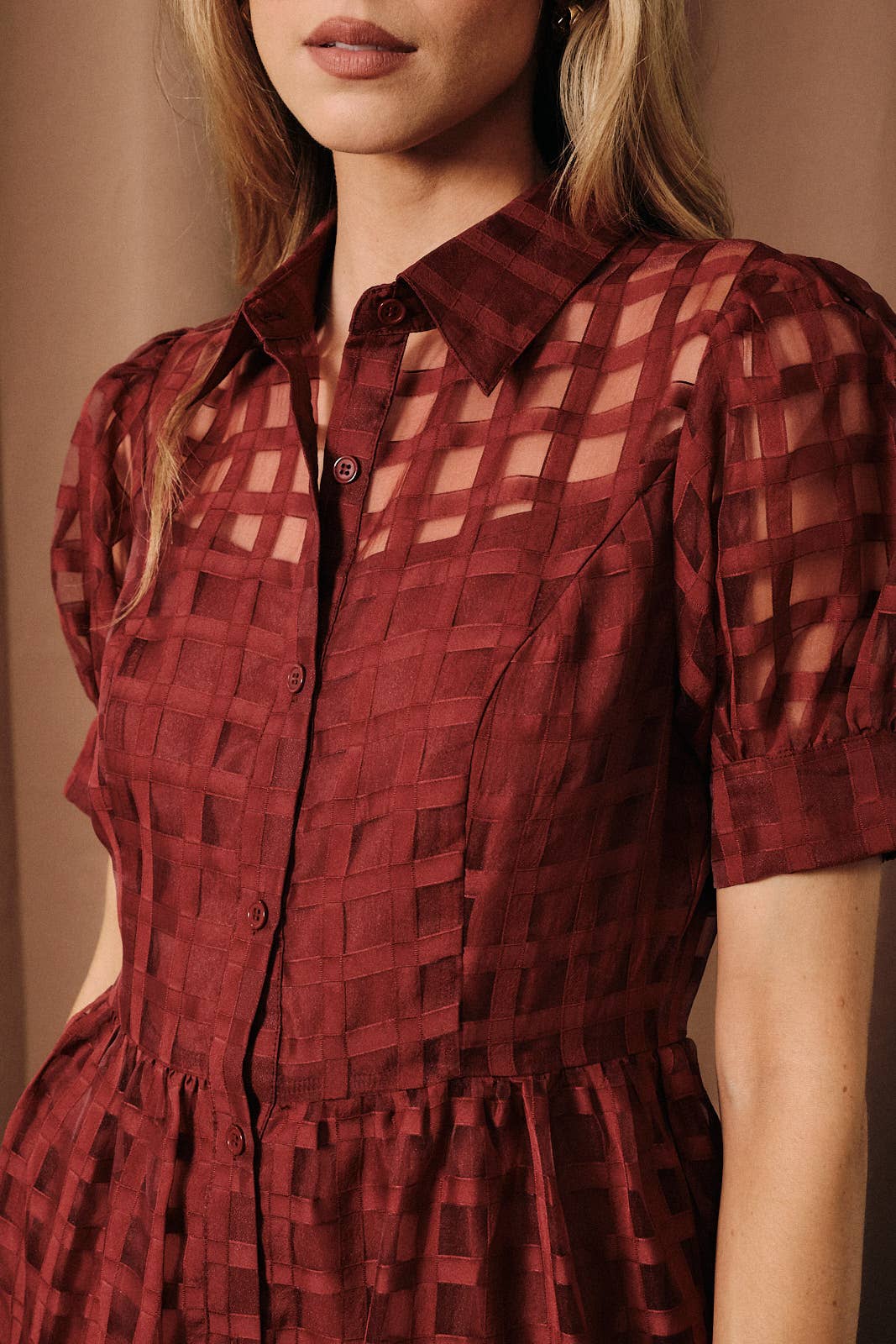 Puff Half Sleeve Sheer Checkered Tiered Shirt Midi Dress