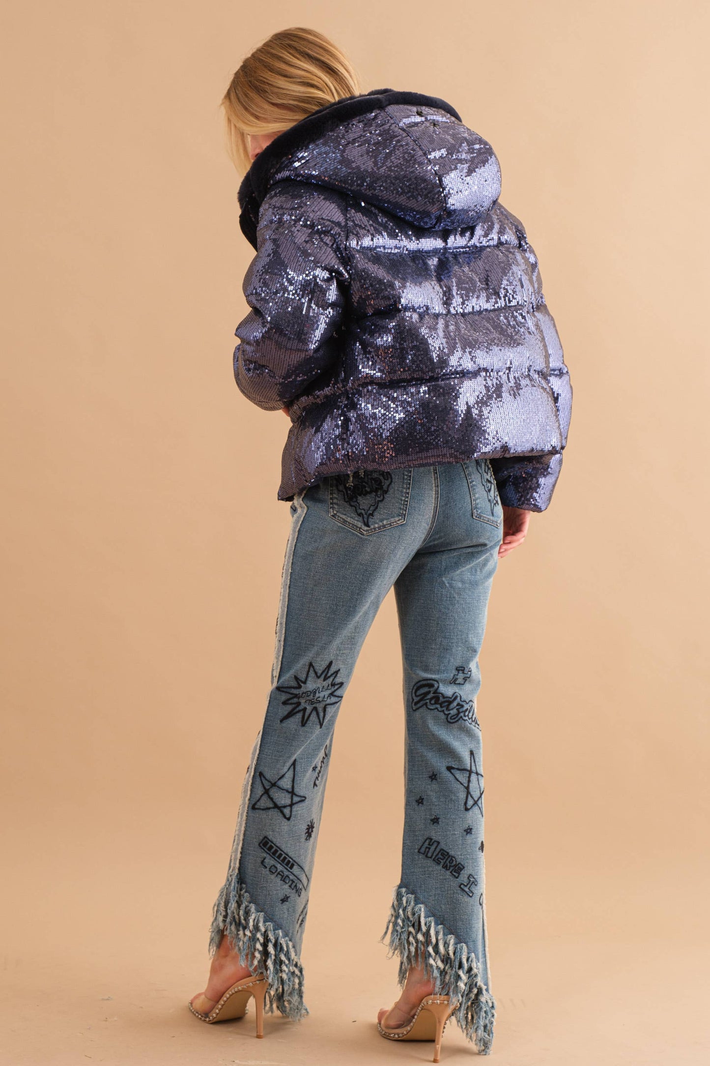 Sequin Puffer Quilted Fur Hooded Zip Up Coat