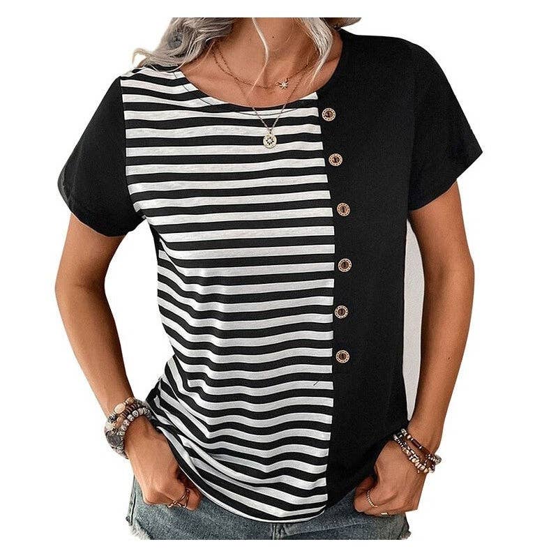 Striped Short Sleeve T-Shirt With Button Accents