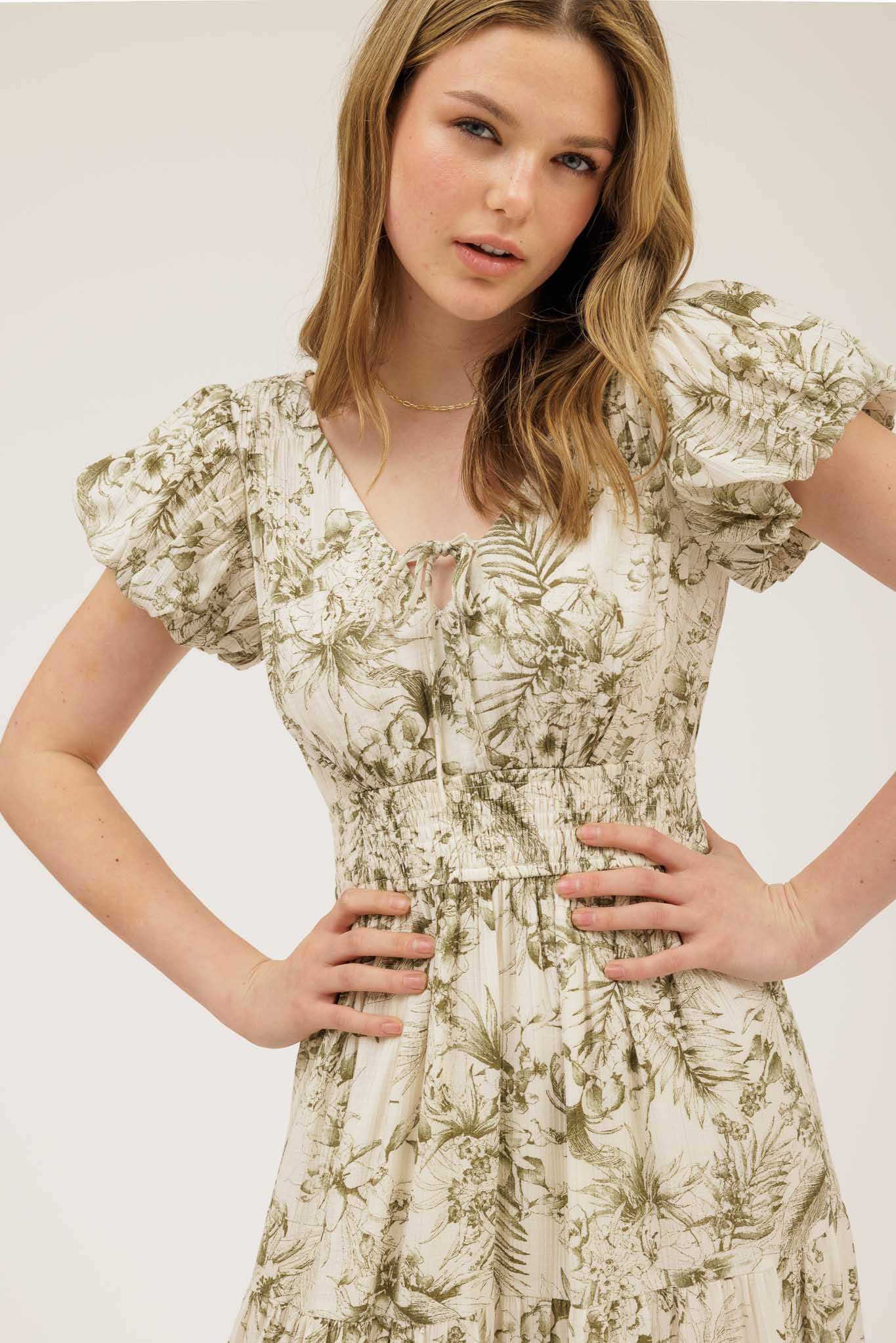 Isabella Floral V-Neck Midi Dress – Front Tie Boho Sun Dress