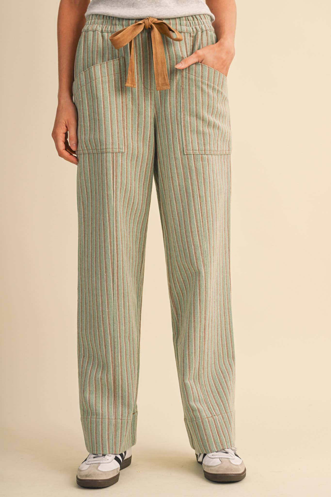 SAGE STRIPED WIDE LEG DRAWSTRING PANTS | Queen Bee Boutique