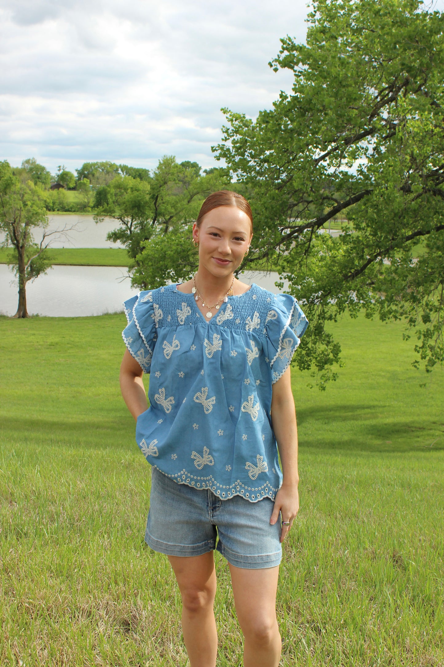Denim Blue Bow Embroidery Top