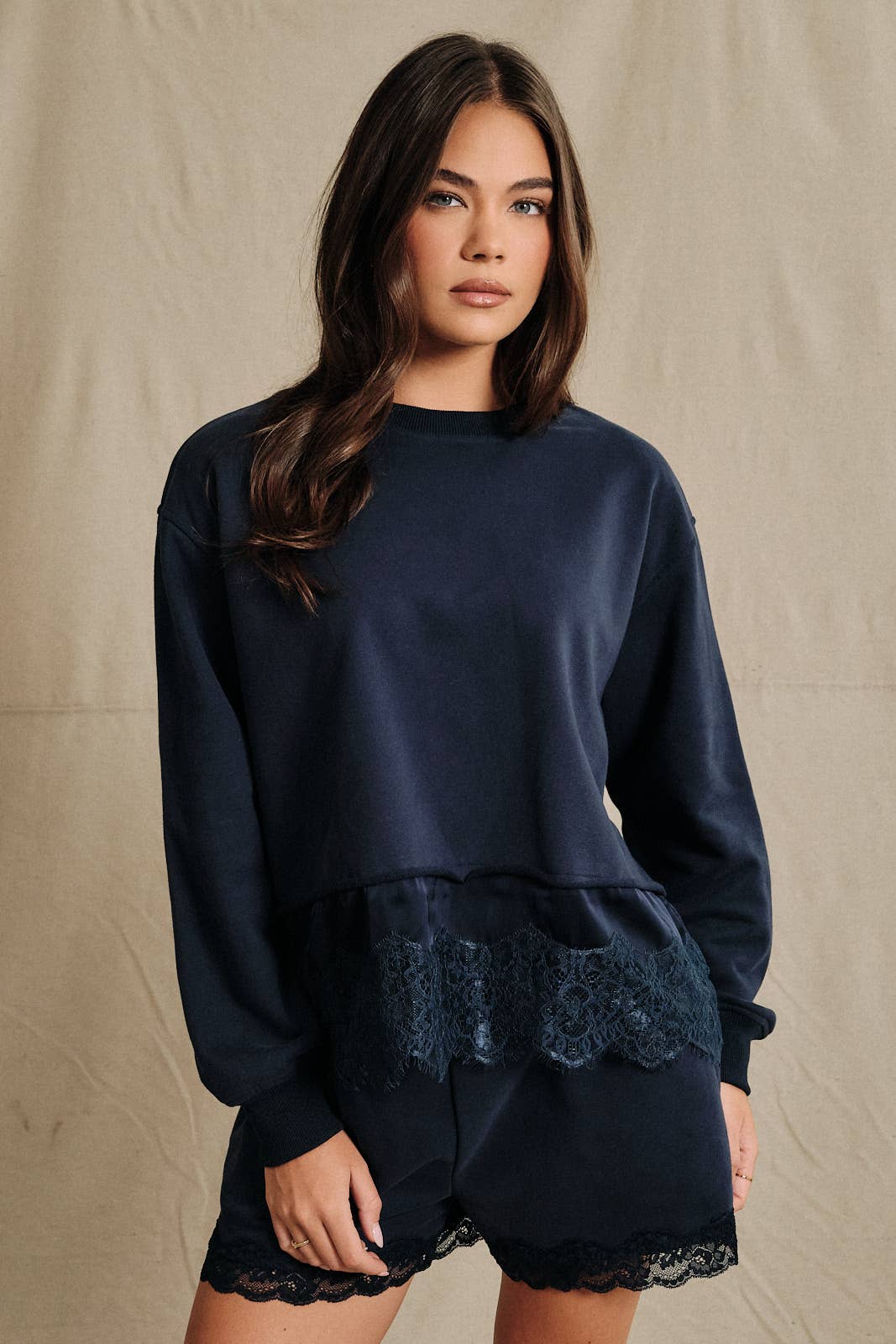 Round Neck Lace Trimmed Hem Long Sleeve Sweatshirt