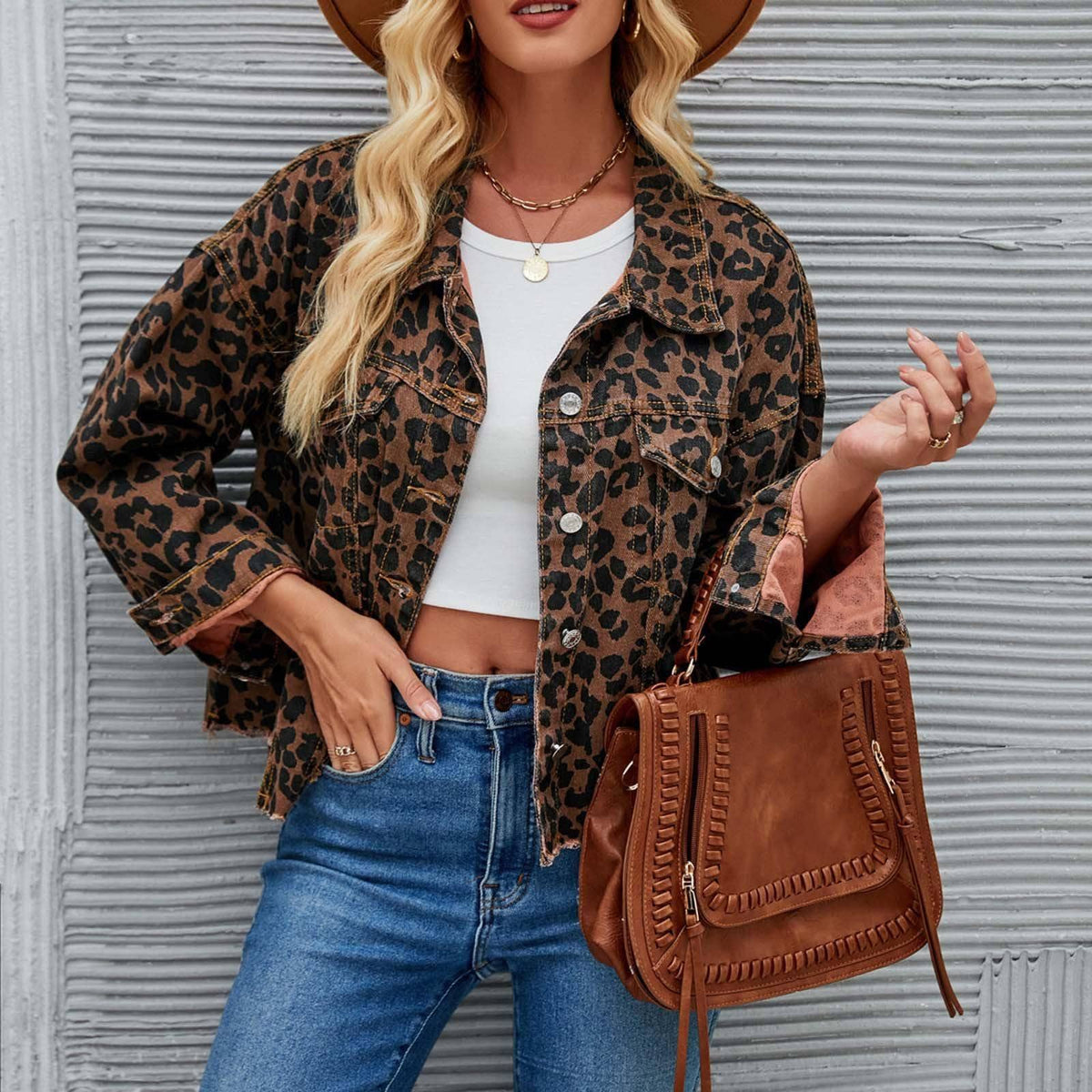 Semi Cropped Leopard Print Denim Jacket | Queen Bee Boutique