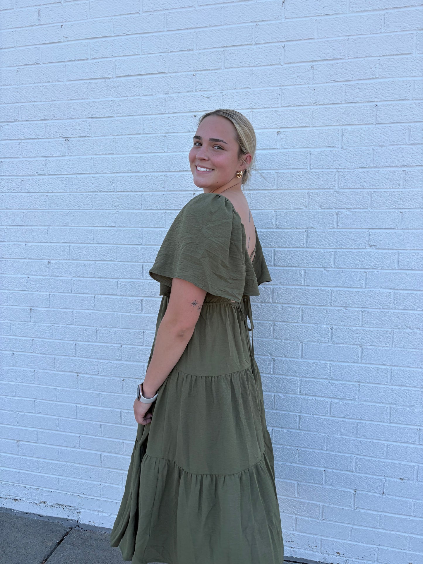 Olive Fall Tiered Midi Dress Flutter Sleeve | Queen Bee Boutique