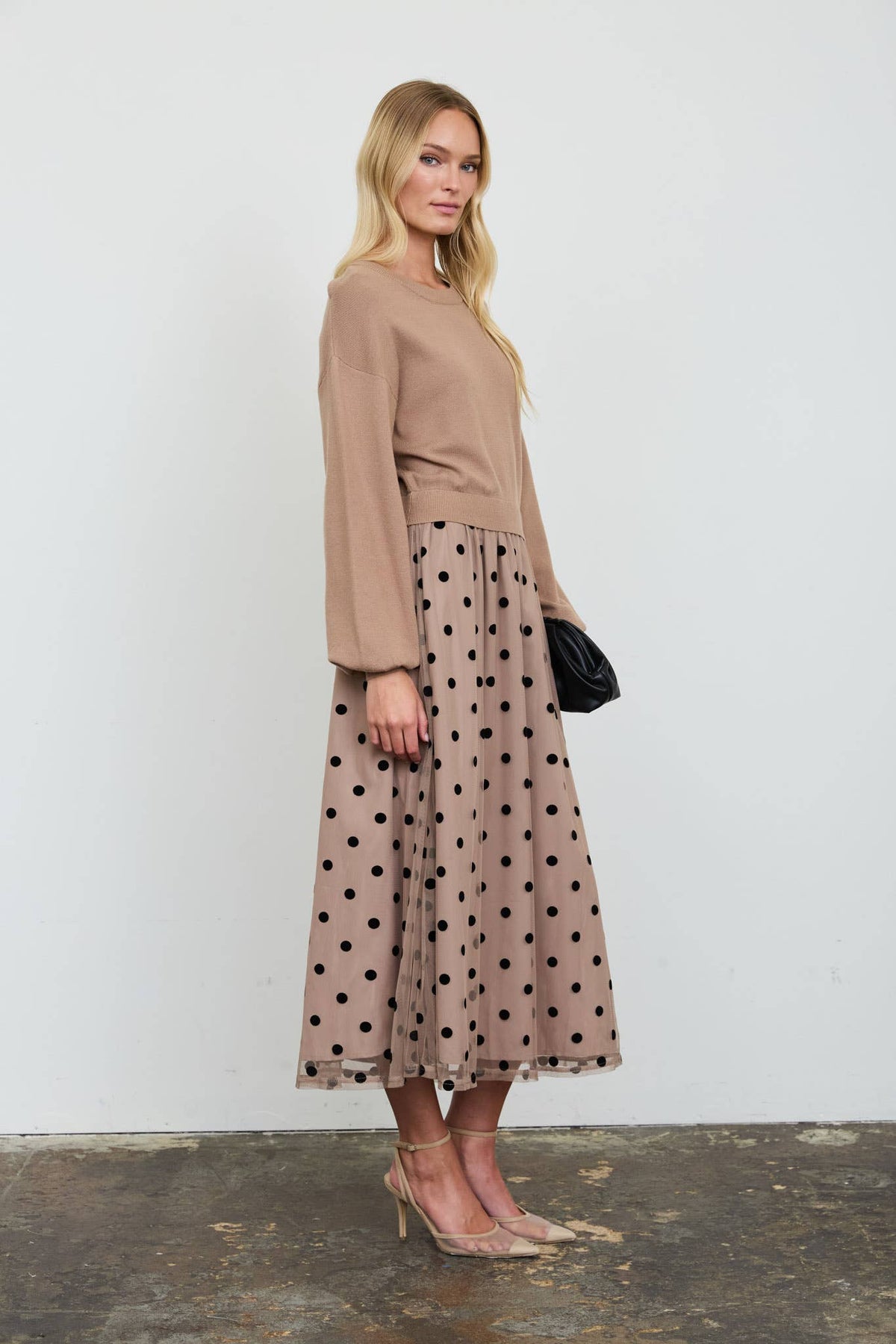 Twofer Sweater Midi Dress with Polka Dot Tiered Skirt
