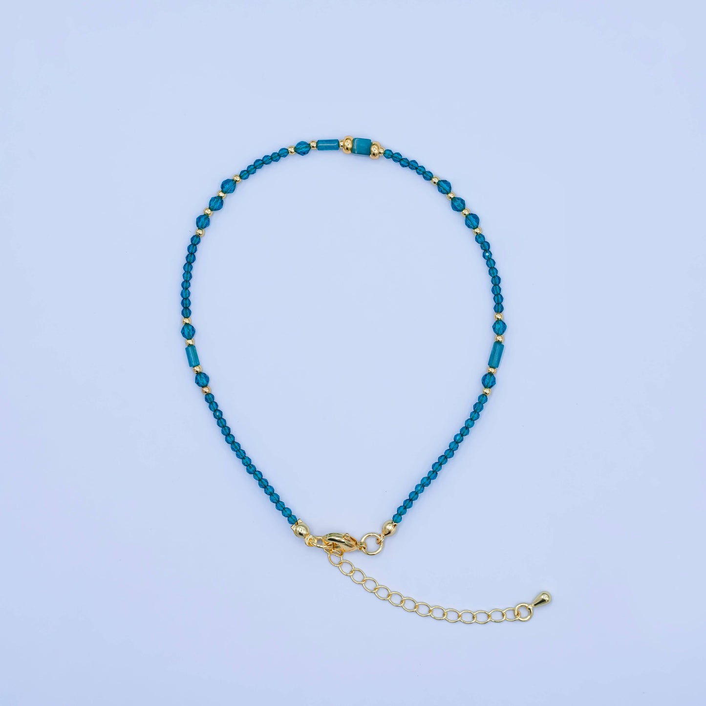 24K Gold Filled 2mm Blue Multifaceted Gemstone 9 Inch Anklet Bracelet | QB