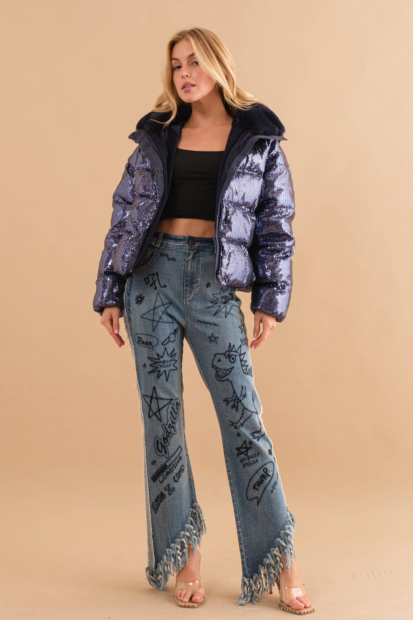 Sequin Puffer Quilted Fur Hooded Zip Up Coat