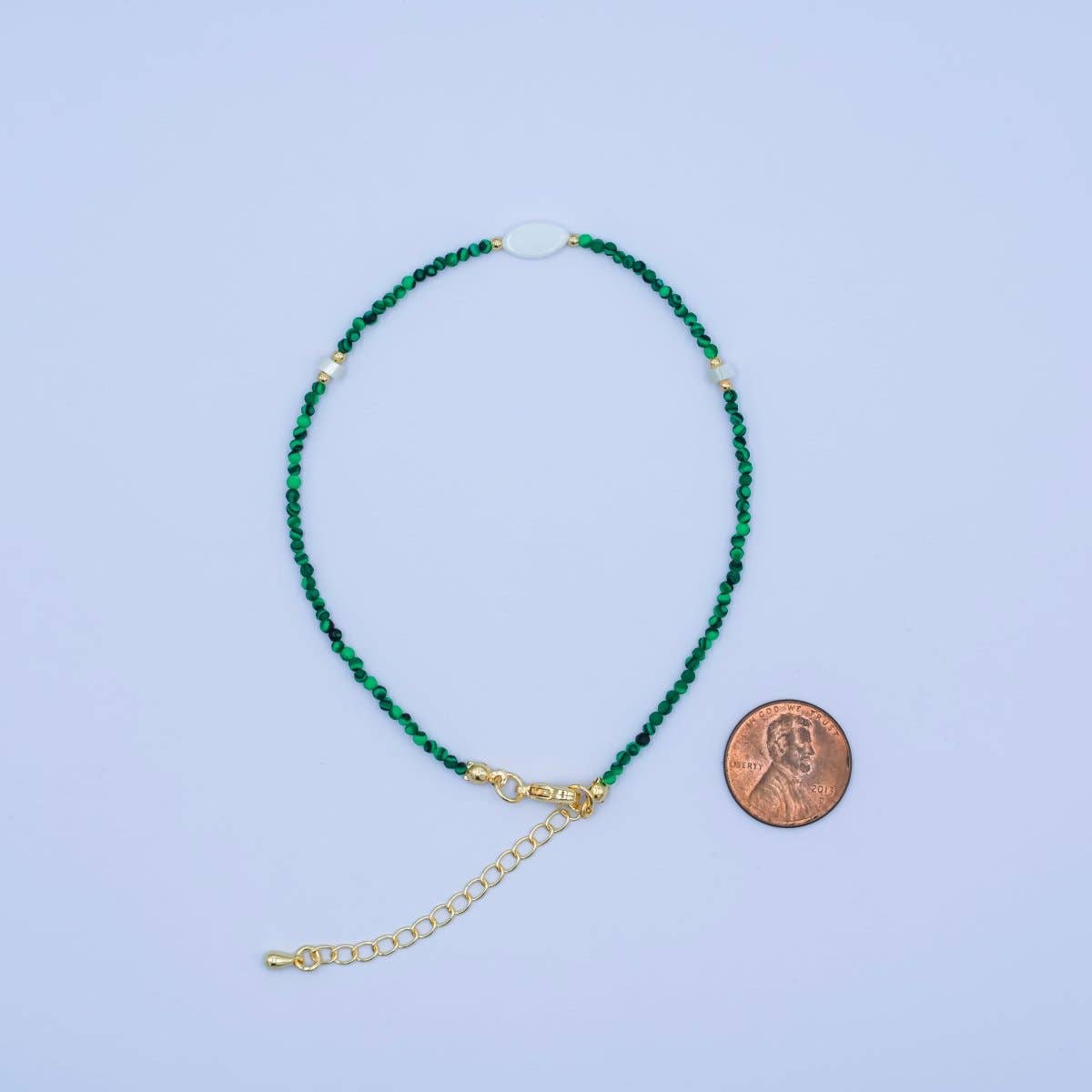 24K Gold Filled 2mm Shell Pearl Malachite Multifaceted Gemstone 9 Inch Anklet Bracelet | WA-2946