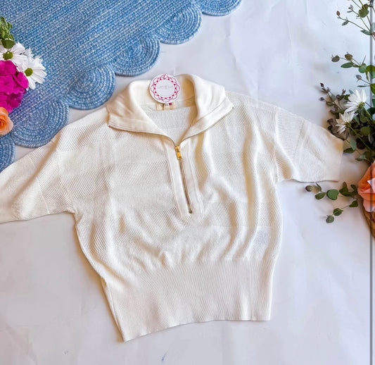 Off White Open Knit Top 1/2 Zip | Queen Bee Boutique