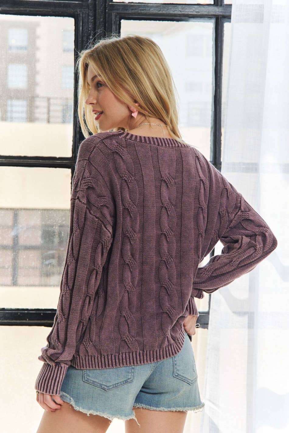 MINERAL WASHED PLUM CABLE KNIT SWEATER TOP