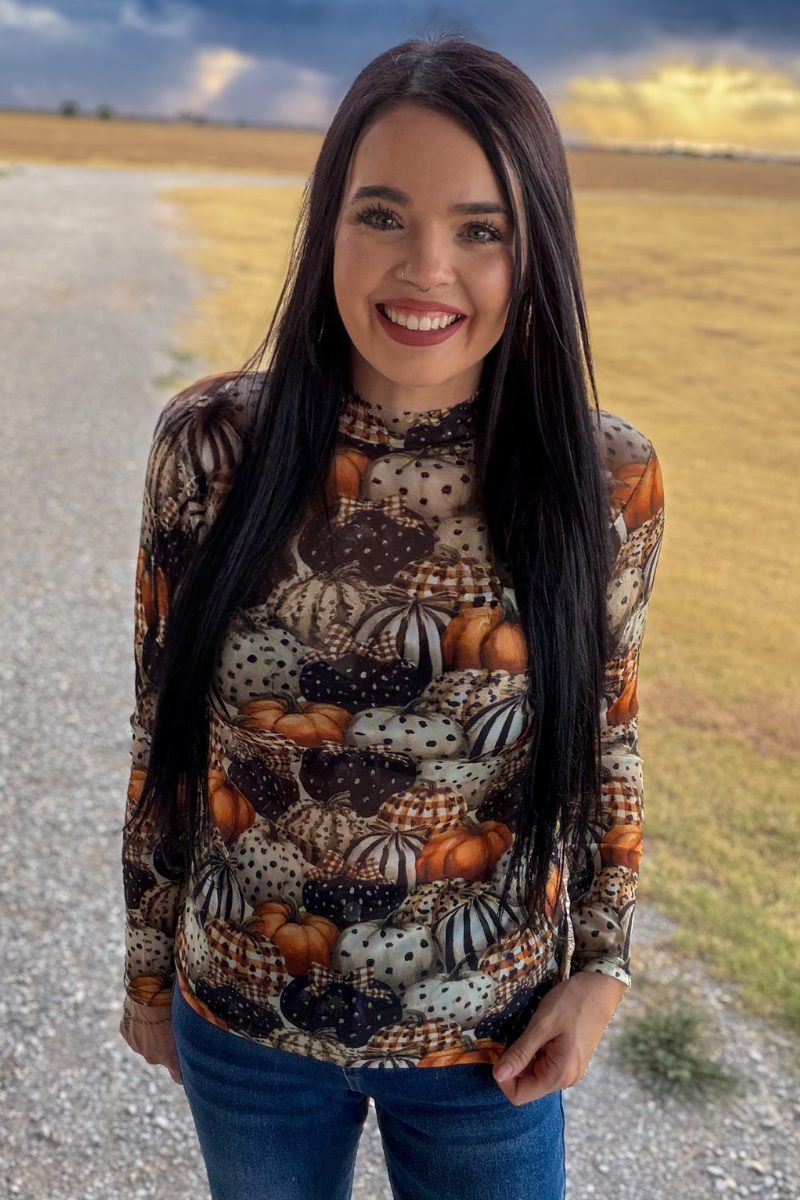Fall Pumpkin Charm Mesh Top | Queen Bee Boutique