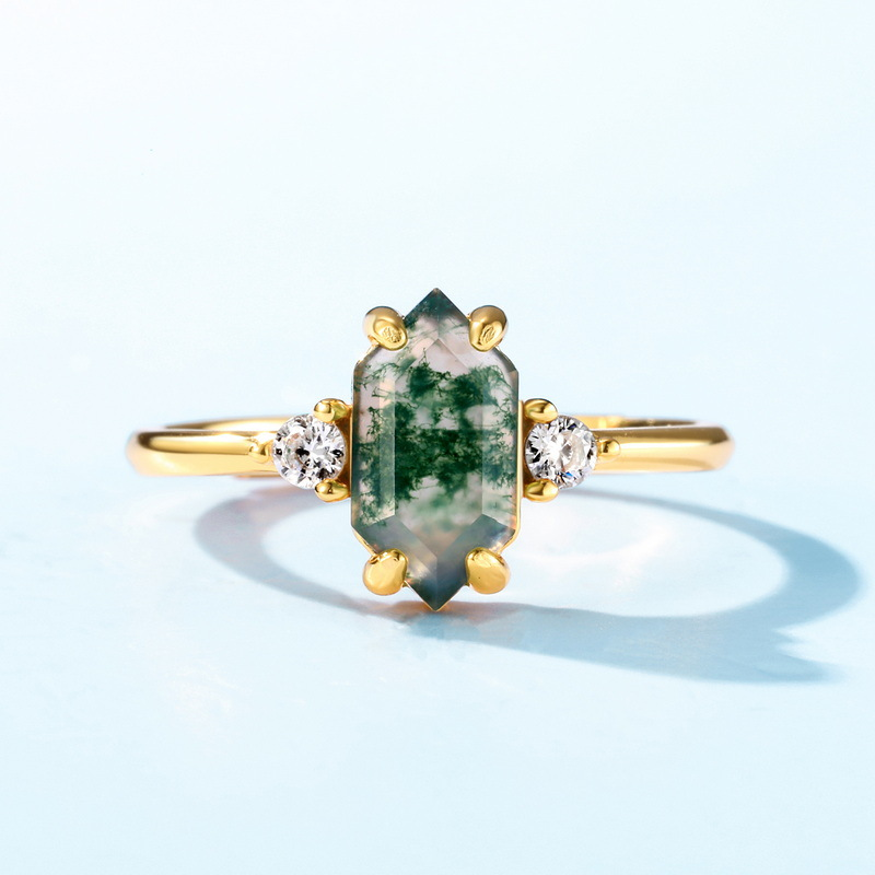 Hexagon Cut Moss Agate Cocktail Ring in 925 Sterling Silver