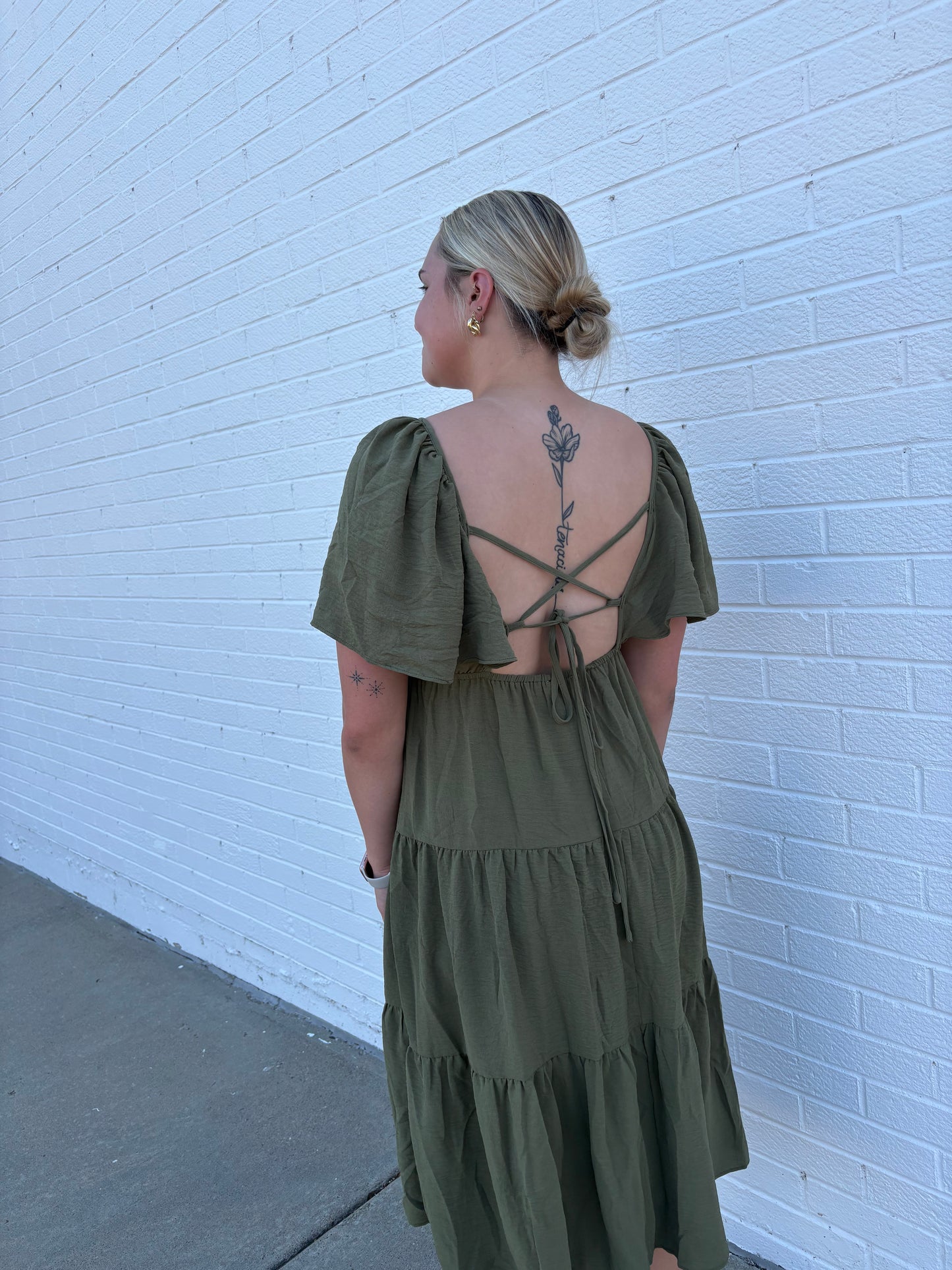Olive Fall Tiered Midi Dress Flutter Sleeve | Queen Bee Boutique