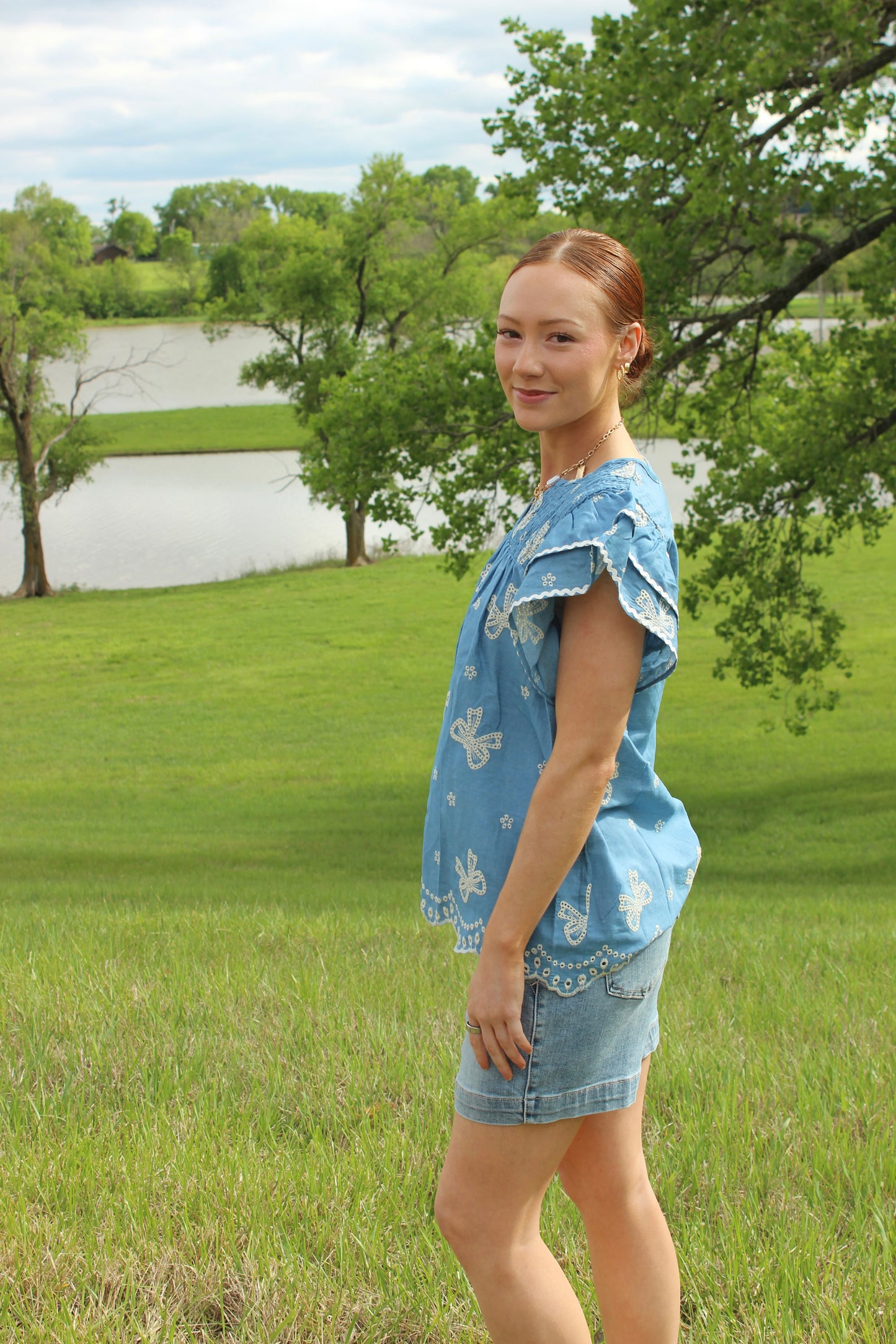 Denim Blue Bow Embroidery Top