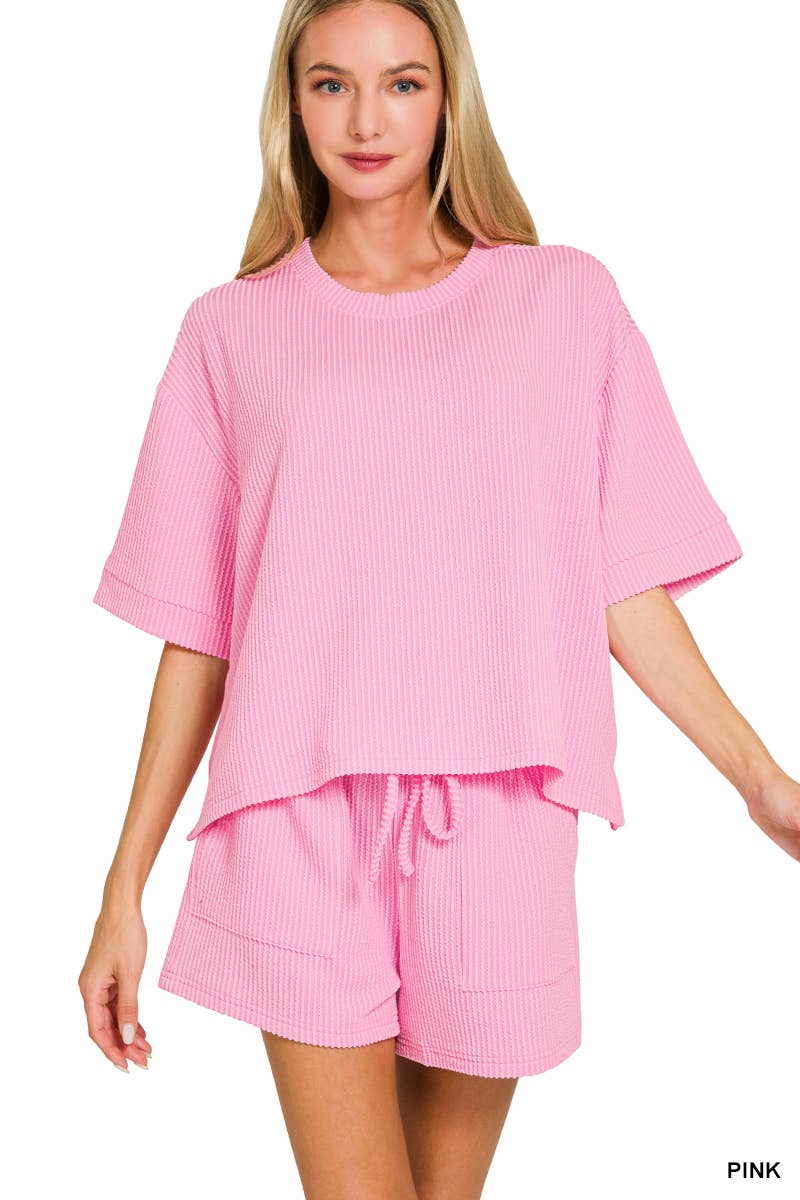 Corded Rib Half Sleeve Tee & Shorts 2PC Set