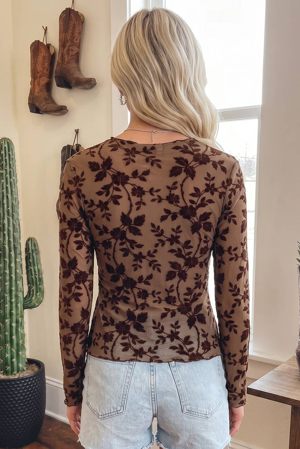 Floral Print Mock Neck Sheer Mesh Long Sleeve Top