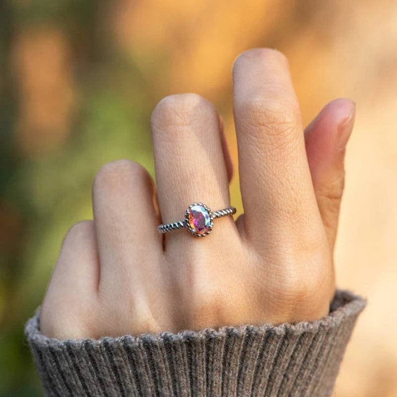 Oval-Cut Aurora Crystal Band Ring in 925 Sterling Silver