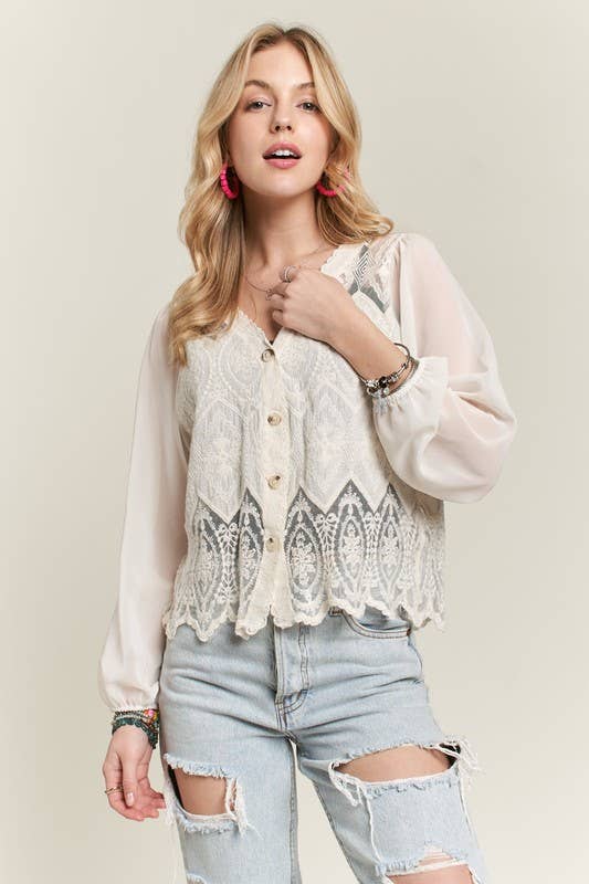 BUTTON DOWN EMBROIDERED WOVEN BOHO BLOUSE | Queen Bee Boutique