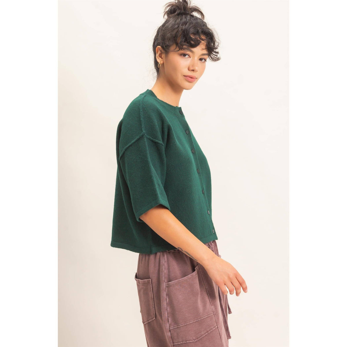 Drop Shoulder Short Sleeve Button Cardigan
